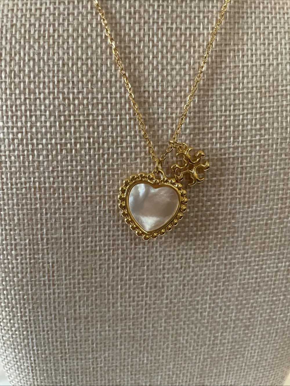 Tory Burch Gold Heart Pendant Necklace with Mother-of-Pearl Inlay